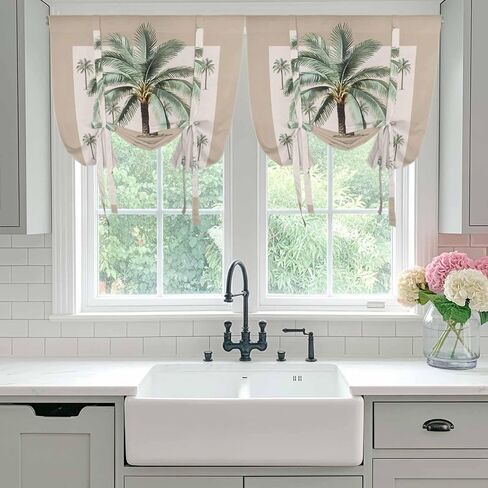 Palm Trees Tie Up Curtains for Window, Brown Tropical Plants Summer Green Thermal Insulated Balloon Shade Adjustable Rod Pocket Curtains Valance Panels for Kitchen Bathroom Café 52'' x 63'' in Saudi Arabia