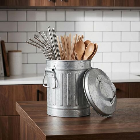 NUOBESTY Galvanized Canister Mini Trash Can, Small Galvanized Trash Can with Lid, Table Top Trash Can, Fireplace Ash Can, Pen Holder for Kitchen Countertop, Bedroom, Home Office in Saudi Arabia