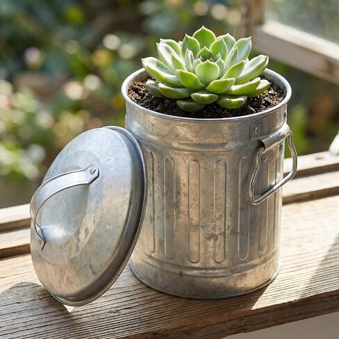 NUOBESTY Galvanized Canister Mini Trash Can, Small Galvanized Trash Can with Lid, Table Top Trash Can, Fireplace Ash Can, Pen Holder for Kitchen Countertop, Bedroom, Home Office in Saudi Arabia