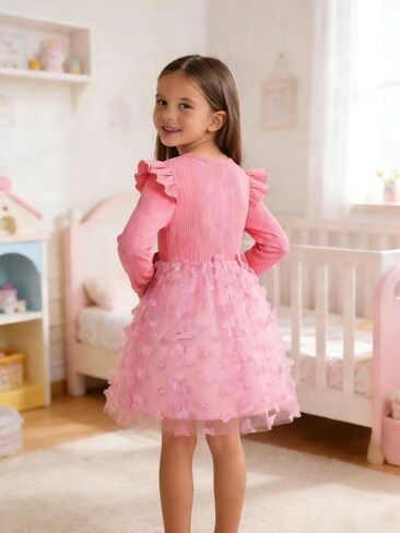 Long Sleeve Pink Tutu Dress for Toddler, Butterfly Bowknot Princess Tulle Dress for Girl Birthday Party 1-8Y in Saudi Arabia