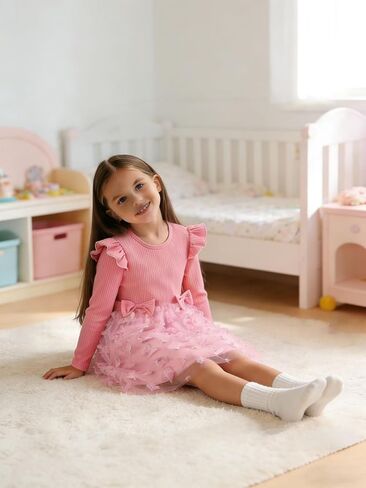 Long Sleeve Pink Tutu Dress for Toddler, Butterfly Bowknot Princess Tulle Dress for Girl Birthday Party 1-8Y in Saudi Arabia
