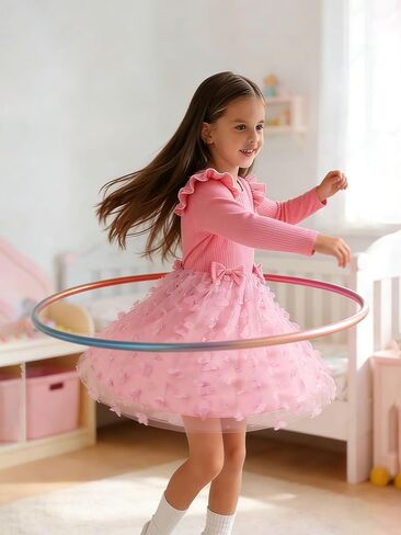 Long Sleeve Pink Tutu Dress for Toddler, Butterfly Bowknot Princess Tulle Dress for Girl Birthday Party 1-8Y in Saudi Arabia