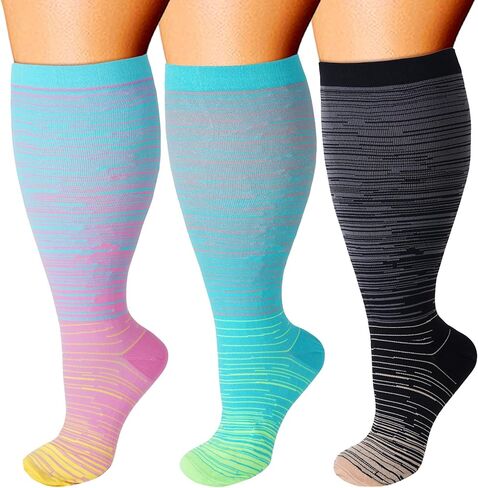 Double Couple 3 Pairs Plus Size Compression Socks for Women Men Wide Calf Extra Large 20-30 mmHg Knee High Sock for Nurses Pregnant Travel in Kuwait