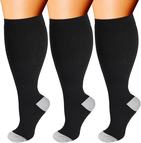 Double Couple 3 Pairs Plus Size Compression Socks for Women Men Wide Calf Extra Large 20-30 mmHg Knee High Sock for Nurses Pregnant Travel in Saudi Arabia
