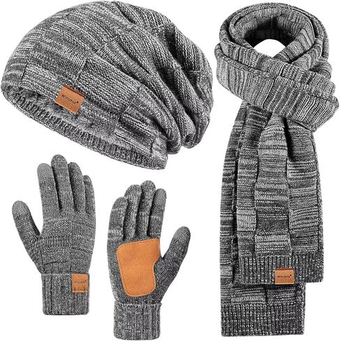 Mens Hat Gloves Scarf Set Winter, Slouchy Beanie 3 in 1 Warm Set, for Men, Mens Stocking Stuffers in Kuwait