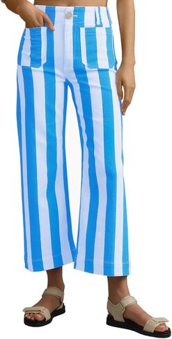 Womens Striped Jeans Wide Leg Trousers Casual High Waisted Stretchy Straight Leg Denim Pants with Pockets in Saudi Arabia