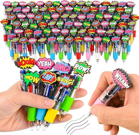 LiYiQ 25 Pcs Hero Theme Multicolor Pen in One Cartoon Cute Fun 4-in-1 Cute Pens Bulk Kawaii Hero Theme Boom Wow Pow Conversation Cool Ballpoint Pens for Fun Gifts in Kuwait