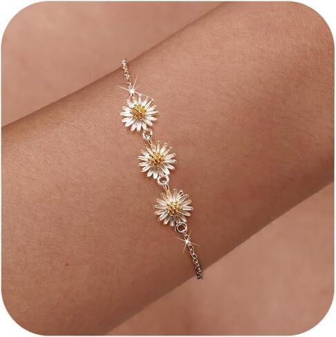 LOVECOM ديزي زهرة أساور للنساء 925 الفضة الاسترليني لطيف 3 الإقحوانات ربط سوار عباد الشمس الأزهار قابل للتعديل الصداقة سحر سلسلة سوار الصيف مجوهرات هدايا عيد ميلاد لابنة in Kuwait