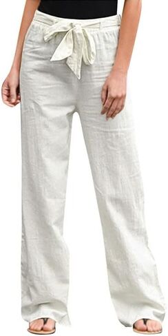 Women Linen Palazzo Pants Summer Boho Drawstring Wide Leg High Waist Casual Lounge Trousers with Pockets in Kuwait