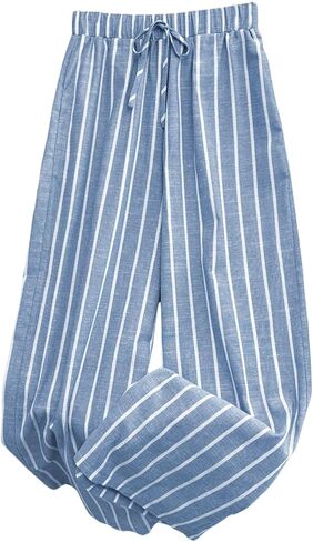 سروال عمل نسائي مقاس كبير من GORGLITTER مخطط بخصر عالٍ وواسع الساق بنطلون بالازو ملابس للإجازات in Kuwait