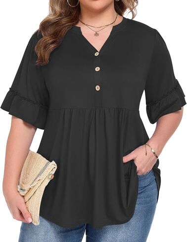 PLOKNRD إمرأة حجم كبير سترة علوية نصف كشكش كم هينلي قمصان الخامس الرقبة زر البلوزات متأنق سترة أنيقة غير رسمية in Kuwait