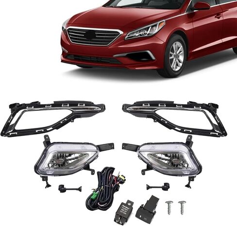 Front Fog Light Assembly Pair with Bezels Compatible with 2015-2017 Hyundai Sonata SE Fog Lamps with Bezels Cover With Hole + Harness Switch Kit Driver & Passenger Side 92201C1000 92202C1000 in Saudi Arabia
