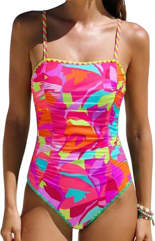 popvil Women’s One Piece Swimsuit Colorful Print Bathing Suit with Open Back Square Neck Swimwear for Beach Vacation in Kuwait