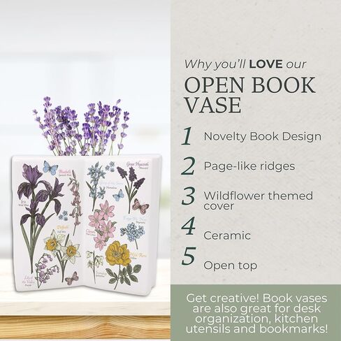 Steel Mill & Co Open Book Vase, Vintage Inspired Ceramic Field Guide Decor Sculpture, Novelty Floral & Succulent Container (Wildflowers) in Saudi Arabia