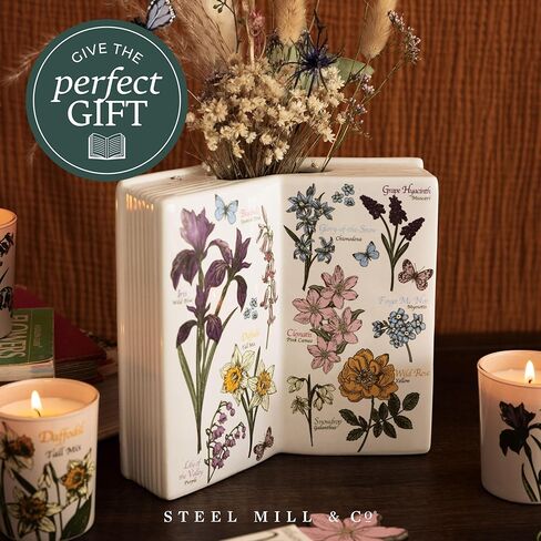 Steel Mill & Co Open Book Vase, Vintage Inspired Ceramic Field Guide Decor Sculpture, Novelty Floral & Succulent Container (Wildflowers) in Saudi Arabia