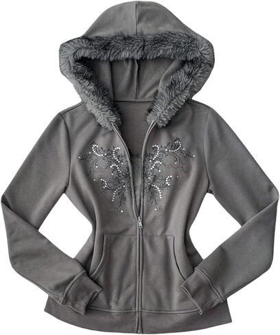GORGLITTER Women's Graphic Fur Zip Up Hoodie Sweatshirt Y2K Fuzzy Long Sleeve Hooded Jacket Streetwear Western in Saudi Arabia