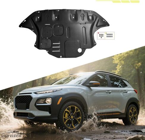 درع سبلاش المحرك مناسب لشركة Hyundai Kona 2018 2019 2020 2021 2022 2023 واقي علبة المحرك السفلي أسفل غطاء المحرك مناسب لألواح الطين الواقية من المحرك الأمامي Kona بما في ذلك الأجهزة اللولبية in Kuwait