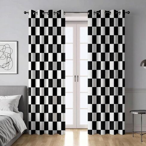 Black and White Checkered Blackout Curtains Race Flag Pattern, Race Car Themed for Boys Bedroom Cars Living Room Decor Room Darkening 84 inch Length 2 Panels 52Wx84L in Saudi Arabia