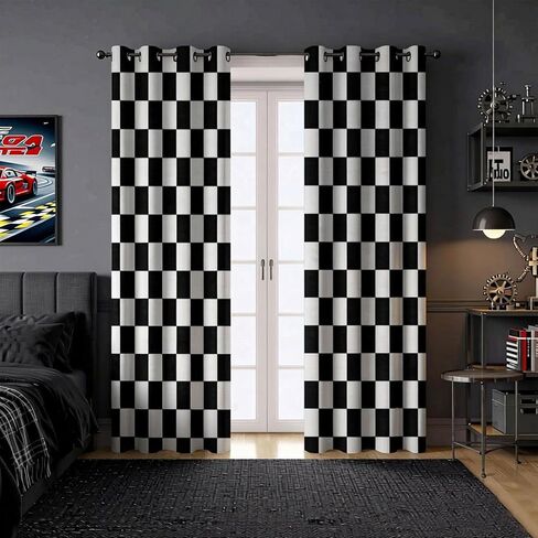 Black and White Checkered Blackout Curtains Race Flag Pattern, Race Car Themed for Boys Bedroom Cars Living Room Decor Room Darkening 84 inch Length 2 Panels 52Wx84L in Saudi Arabia