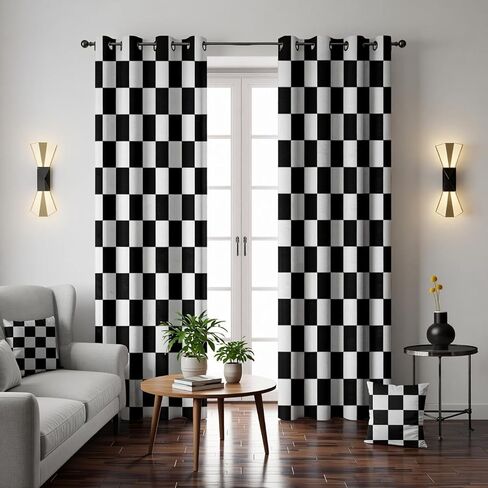 Black and White Checkered Blackout Curtains Race Flag Pattern, Race Car Themed for Boys Bedroom Cars Living Room Decor Room Darkening 84 inch Length 2 Panels 52Wx84L in Saudi Arabia