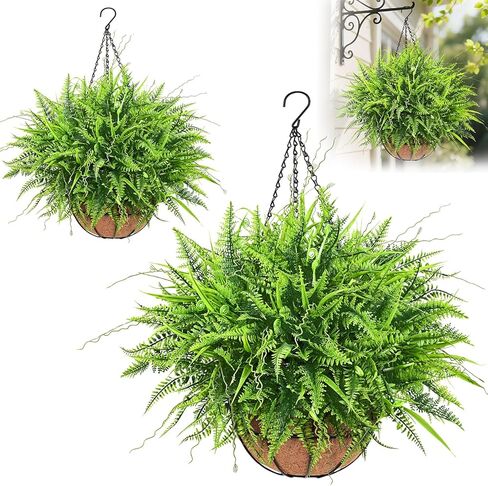 Yastouay 2 Pack Artificial Hanging Ferns for Outdoors, UV Resistant Fake Mixed Ferns with Hanging Baskets, Faux Ferns for Outdoor Planter for Garden, Spring Summer Decor for Home Front Porch Patio in Saudi Arabia