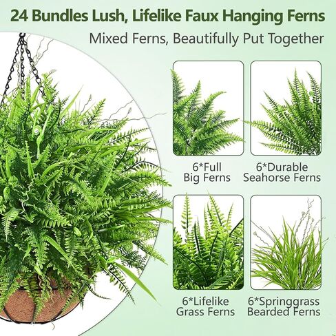 Yastouay 2 Pack Artificial Hanging Ferns for Outdoors, UV Resistant Fake Mixed Ferns with Hanging Baskets, Faux Ferns for Outdoor Planter for Garden, Spring Summer Decor for Home Front Porch Patio in Saudi Arabia