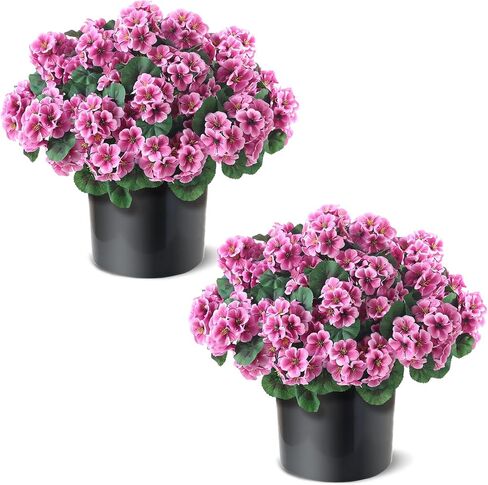 2 Pack Artificial Geranium Flowers Topitary Trees for Outdoors, UV Resistant Geraniums Potted Bushes Look Real Silk Faux Plants for Front Door Garden Porch Planter Farmhouse Home Decor (Peach Red) in Saudi Arabia