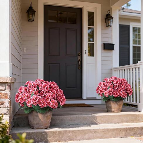 2 Pack Artificial Geranium Flowers Topitary Trees for Outdoors, UV Resistant Geraniums Potted Bushes Look Real Silk Faux Plants for Front Door Garden Porch Planter Farmhouse Home Decor (Peach Red) in Saudi Arabia