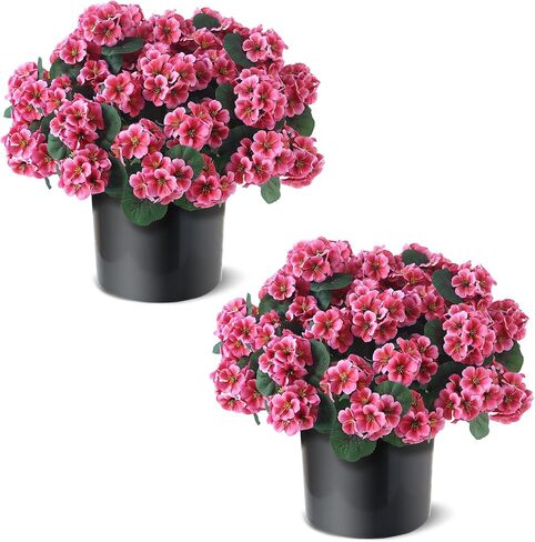 2 Pack Artificial Geranium Flowers Topitary Trees for Outdoors, UV Resistant Geraniums Potted Bushes Look Real Silk Faux Plants for Front Door Garden Porch Planter Farmhouse Home Decor (Peach Red) in Saudi Arabia