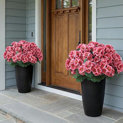 2 Pack Artificial Geranium Flowers Topitary Trees for Outdoors, UV Resistant Geraniums Potted Bushes Look Real Silk Faux Plants for Front Door Garden Porch Planter Farmhouse Home Decor (Peach Red) in Saudi Arabia