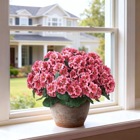 2 Pack Artificial Geranium Flowers Topitary Trees for Outdoors, UV Resistant Geraniums Potted Bushes Look Real Silk Faux Plants for Front Door Garden Porch Planter Farmhouse Home Decor (Peach Red) in Saudi Arabia