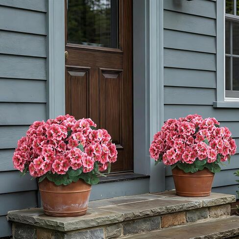 2 Pack Artificial Geranium Flowers Topitary Trees for Outdoors, UV Resistant Geraniums Potted Bushes Look Real Silk Faux Plants for Front Door Garden Porch Planter Farmhouse Home Decor (Peach Red) in Saudi Arabia