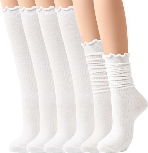 Jeasona 6 Pairs Women's Ruffle Frilly Socks, Cute Slouch Scrunch Knee High Cotton Lace Stockings Lightweight Dress Boot Socks in Kuwait