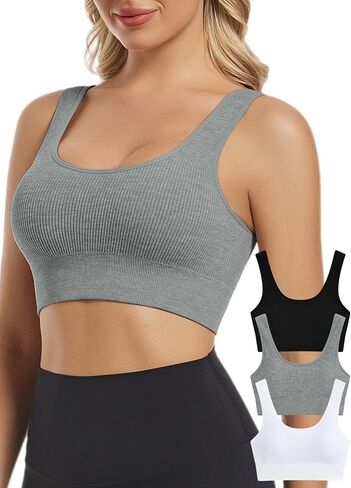 Chilylori حمالات صدر رياضية بدون خياطة للنساء، عبوة من 3 حمالات صدر رياضية مضلعة، ملابس علوية للتمرين، حمالة صدر رياضية لليوجا in Kuwait