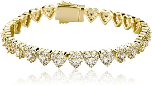14K Gold Over 925 Silver 7mm Heart Design Micro-Inlaid Mossanite Jewelry, Hip-Hop Style Tennis Bracelet Set, Captivating Charm for the Romantic Soul,Father's Day Gifts for Dad in Kuwait