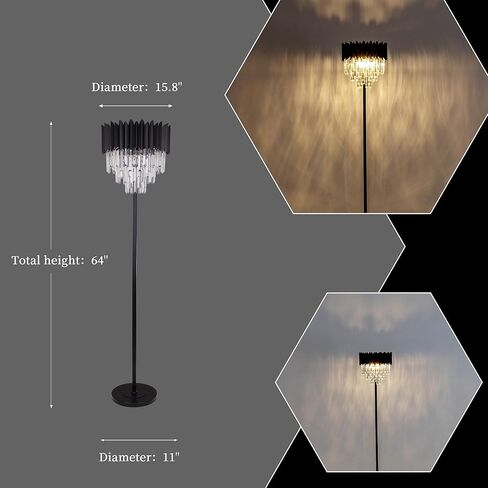 مصباح أرضي كريستالي أسود من Wellmet لزاوية غرفة المعيشة، 4 أضواء مصباح قائم للمزرعة، مصباح كريستال حديث 3 طبقات لغرفة المعيشة، غرفة الطعام، غرفة النوم، غرفة القراءة، المكتب (قاعدة E12) in Kuwait