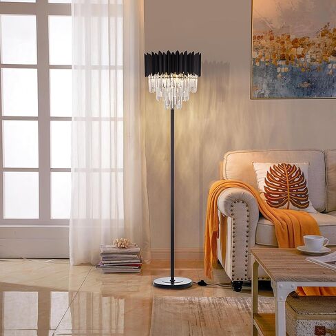 مصباح أرضي كريستالي أسود من Wellmet لزاوية غرفة المعيشة، 4 أضواء مصباح قائم للمزرعة، مصباح كريستال حديث 3 طبقات لغرفة المعيشة، غرفة الطعام، غرفة النوم، غرفة القراءة، المكتب (قاعدة E12) in Kuwait