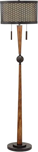 Franklin Iron Works Hunter Modern منتصف القرن مزرعة مصباح أرضي ريفي 64 بوصة طويل القامة من خشب الكرز البرونزي المثقوب المعدني الكريمي والكتان المزدوج طبل الظل لغرفة المعيشة والقراءة وغرفة النوم والمكتب in Kuwait