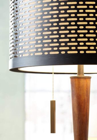 Franklin Iron Works Hunter Modern منتصف القرن مزرعة مصباح أرضي ريفي 64 بوصة طويل القامة من خشب الكرز البرونزي المثقوب المعدني الكريمي والكتان المزدوج طبل الظل لغرفة المعيشة والقراءة وغرفة النوم والمكتب in Kuwait