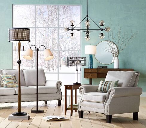 Franklin Iron Works Hunter Modern منتصف القرن مزرعة مصباح أرضي ريفي 64 بوصة طويل القامة من خشب الكرز البرونزي المثقوب المعدني الكريمي والكتان المزدوج طبل الظل لغرفة المعيشة والقراءة وغرفة النوم والمكتب in Kuwait