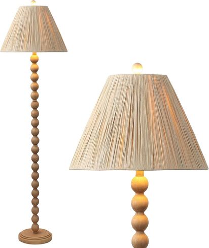 JONATHAN Y 61.5" Brown Wood Finish Bobbin LED Floor Lamp, Modern Rustic Spindle Standing Lamp with Light Brown Pleated Paper Shade, Farmhouse Decor, LED Bulb Included JYL5400A in Saudi Arabia