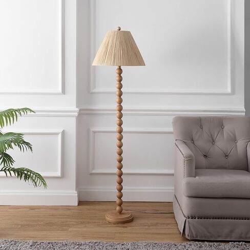 JONATHAN Y 61.5" Brown Wood Finish Bobbin LED Floor Lamp, Modern Rustic Spindle Standing Lamp with Light Brown Pleated Paper Shade, Farmhouse Decor, LED Bulb Included JYL5400A in Saudi Arabia