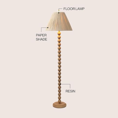 JONATHAN Y 61.5" Brown Wood Finish Bobbin LED Floor Lamp, Modern Rustic Spindle Standing Lamp with Light Brown Pleated Paper Shade, Farmhouse Decor, LED Bulb Included JYL5400A in Saudi Arabia