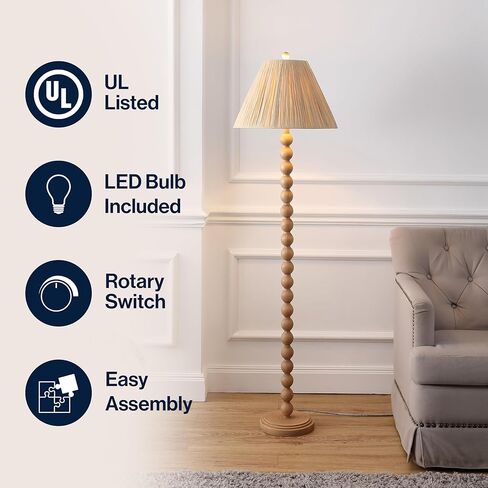JONATHAN Y 61.5" Brown Wood Finish Bobbin LED Floor Lamp, Modern Rustic Spindle Standing Lamp with Light Brown Pleated Paper Shade, Farmhouse Decor, LED Bulb Included JYL5400A in Saudi Arabia