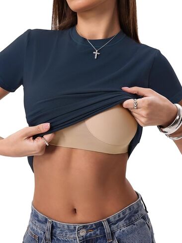 Danysu Nude Built in Bra Cotton Jersey T Shirt No See Through Stretchy Lightweight Fitted Everyday Basic Tops Gym Workout Tee in Saudi Arabia