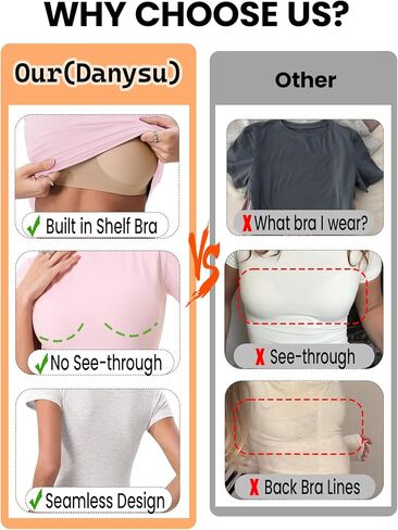 Danysu Nude Built in Bra Cotton Jersey T Shirt No See Through Stretchy Lightweight Fitted Everyday Basic Tops Gym Workout Tee in Saudi Arabia