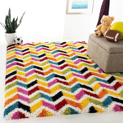 سجادة SAFAVIEH Kids Shag Collection - 2'3" x 9'، عاجي ومتعدد، تصميم شيفرون قوس قزح، لا يتساقط ويسهل العناية به، سمك 2 بوصة مثالي للمناطق ذات الحركة العالية في غرفة المعيشة وغرفة النوم (SGK565A) in Saudi Arabia