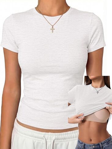 Danysu Nude Built in Bra Cotton Jersey T Shirt No See Through Stretchy Lightweight Fitted Everyday Basic Tops Gym Workout Tee in Saudi Arabia