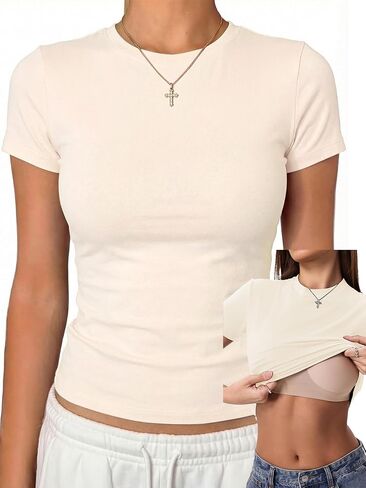 Danysu Nude Built in Bra Cotton Jersey T Shirt No See Through Stretchy Lightweight Fitted Everyday Basic Tops Gym Workout Tee in Saudi Arabia