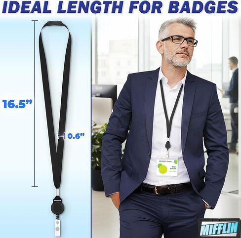 Mifflin - Lanyards with Retractable Badge Reels - 16.5" Loop, 5 Pack - Flat Safety Breakaway Lanyard with Heavy Duty Extendable Wire Clip and Snap Strap for Badges, ID Cards, Name Tag Holders, Keys in Saudi Arabia